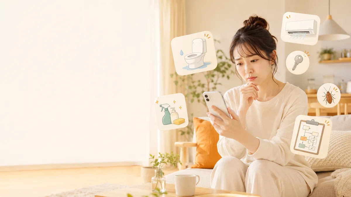 スマホで対処法を調べる女性と暮らしのトラブルのイメージ